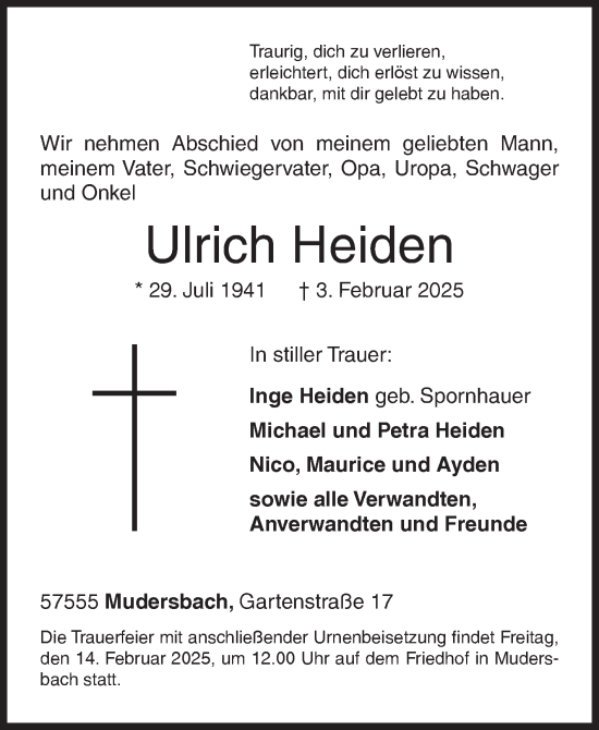 Traueranzeige von Ulrich Heiden von Siegener Zeitung