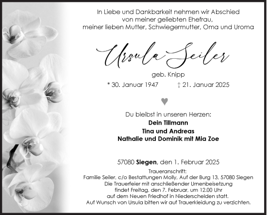 Traueranzeige von Ursula Seiler von Siegener Zeitung