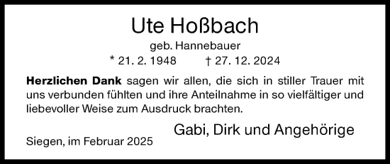 Traueranzeige von Ute Hossbach von Siegener Zeitung