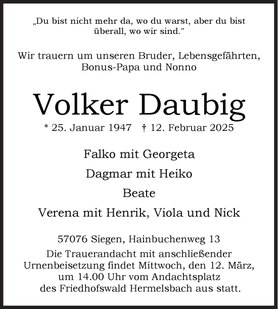 Traueranzeige von Volker Daubig von Siegener Zeitung