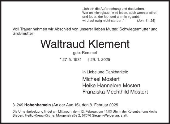 Traueranzeige von Waltraud Klement von Siegener Zeitung