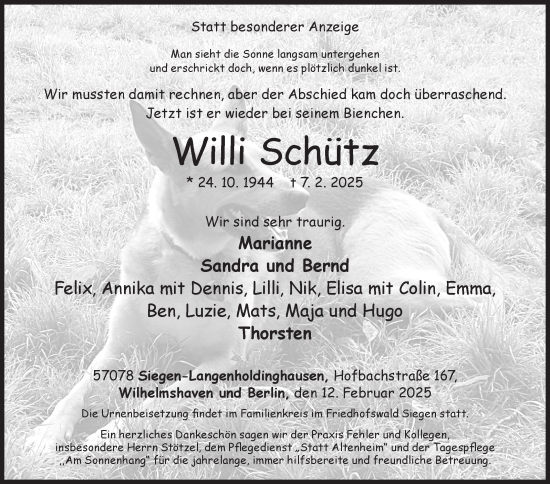 Traueranzeige von Willi Schütz von Siegener Zeitung