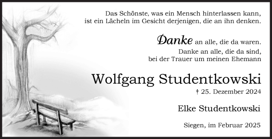Traueranzeige von Wolfgang Studentkowski von Siegener Zeitung