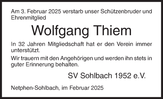 Traueranzeige von Wolfgang Thiem von Siegener Zeitung