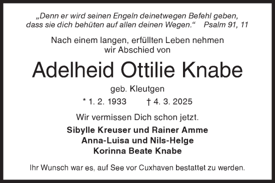 Traueranzeige von Adelheid Ottilie Knabe von Siegener Zeitung