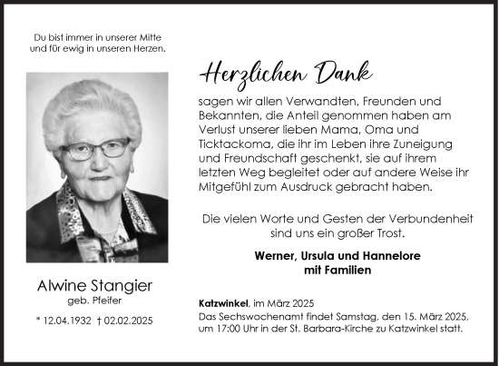 Traueranzeige von Alwine Stangier von Siegener Zeitung
