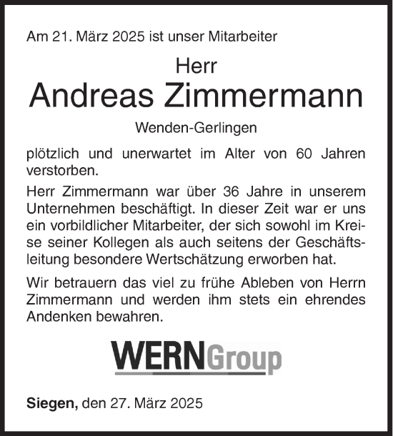 Traueranzeige von Andreas Zimmermann von Siegener Zeitung