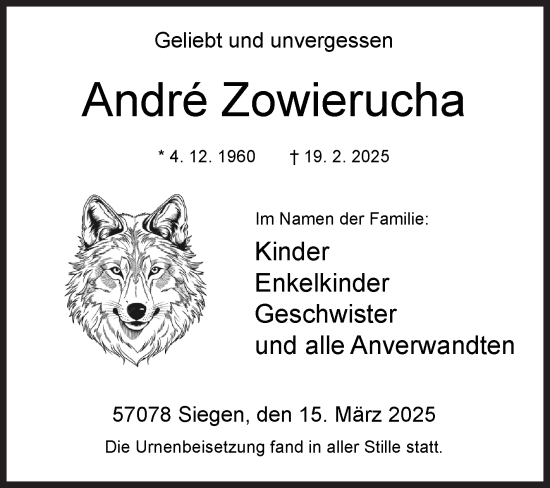 Traueranzeige von André Zowierucha von Siegener Zeitung