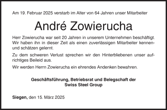 Traueranzeige von André Zowierucha von Siegener Zeitung