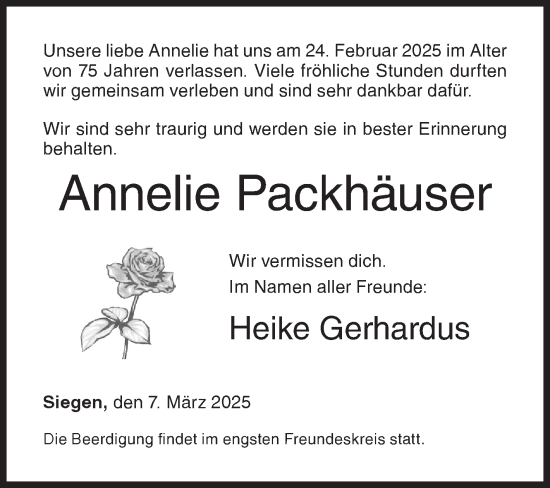 Traueranzeige von Annelie Packhäuser von Siegener Zeitung