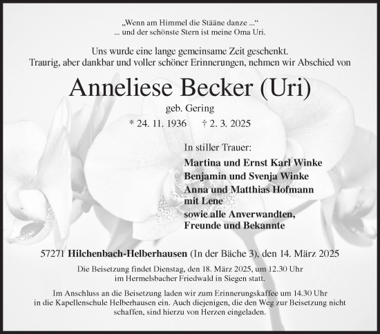 Traueranzeige von Anneliese Becker von Siegener Zeitung