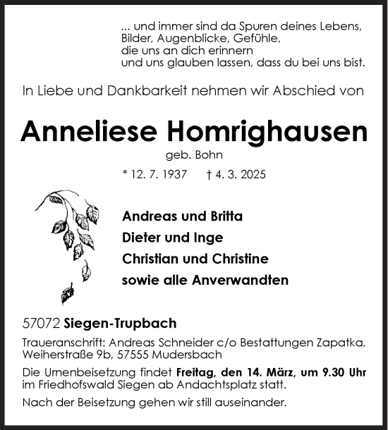 Traueranzeige von Anneliese Homrighausen von Siegener Zeitung