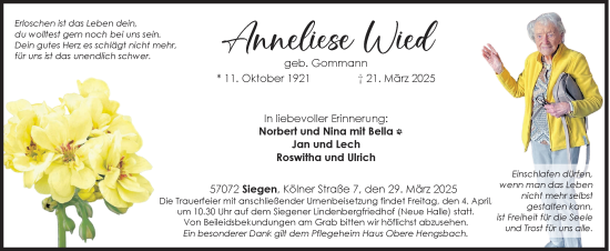 Traueranzeige von Anneliese Wied von Siegener Zeitung