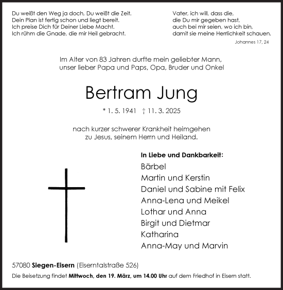 Traueranzeige von Bertram Jung von Siegener Zeitung