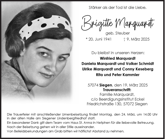 Traueranzeige von Brigitte Marquardt von Siegener Zeitung