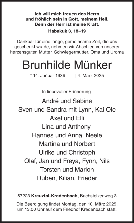 Traueranzeige von Brunhilde Münker von Siegener Zeitung