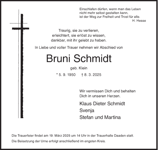 Traueranzeige von Bruni Schmidt von Siegener Zeitung