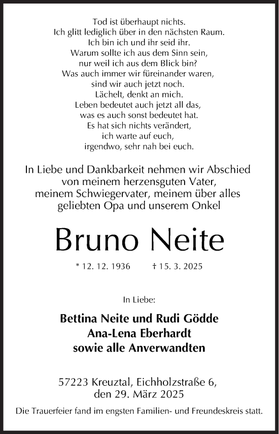 Traueranzeige von Bruno Neite von Siegener Zeitung