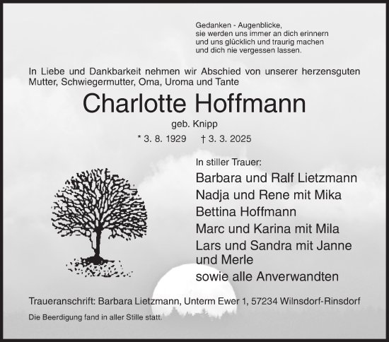 Traueranzeige von Charlotte Hoffmann von Siegener Zeitung