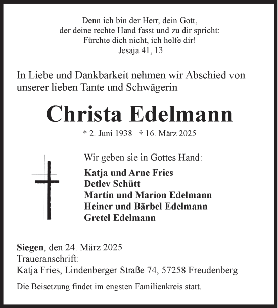 Traueranzeige von Christa Edelmann von Siegener Zeitung