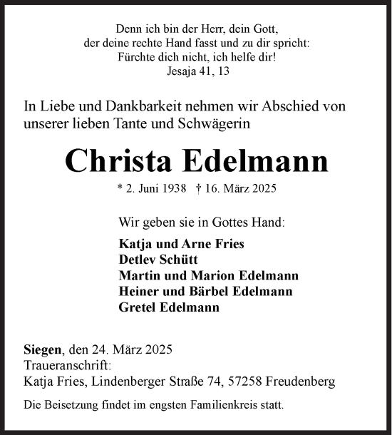 Traueranzeige von Christa Edelmann von Siegener Zeitung