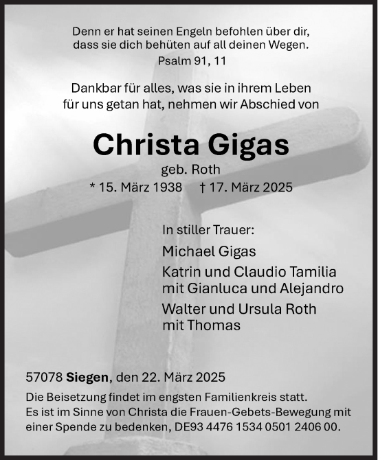 Traueranzeige von Christa Gigas von Siegener Zeitung