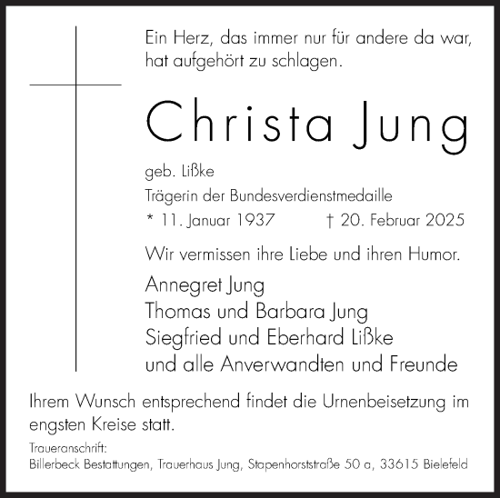 Traueranzeige von Christa Jung von Siegener Zeitung
