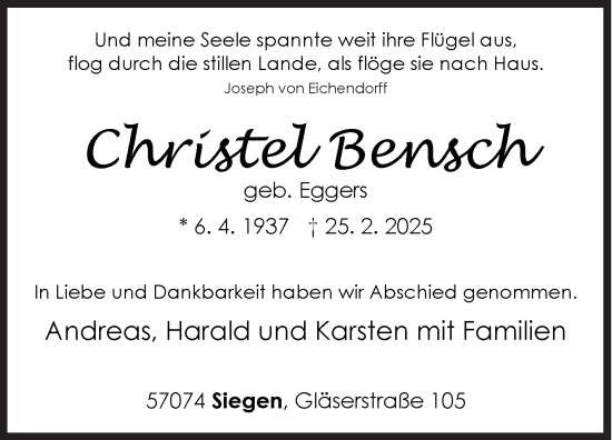 Traueranzeige von Christel Bensch von Siegener Zeitung