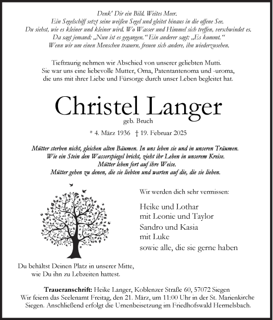 Traueranzeige von Christel Langer von Siegener Zeitung