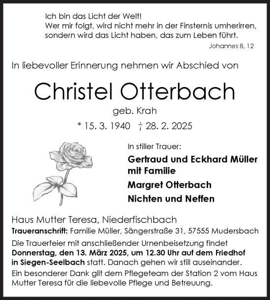 Traueranzeige von Christel Otterbach von Siegener Zeitung