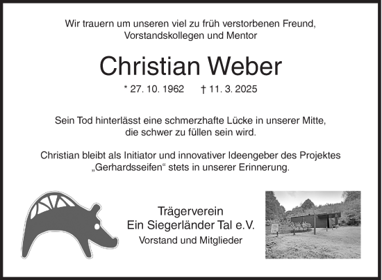 Traueranzeige von Christian Weber von Siegener Zeitung