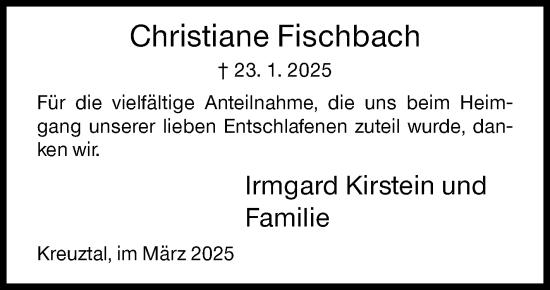 Traueranzeige von Christiane Fischbach von Siegener Zeitung