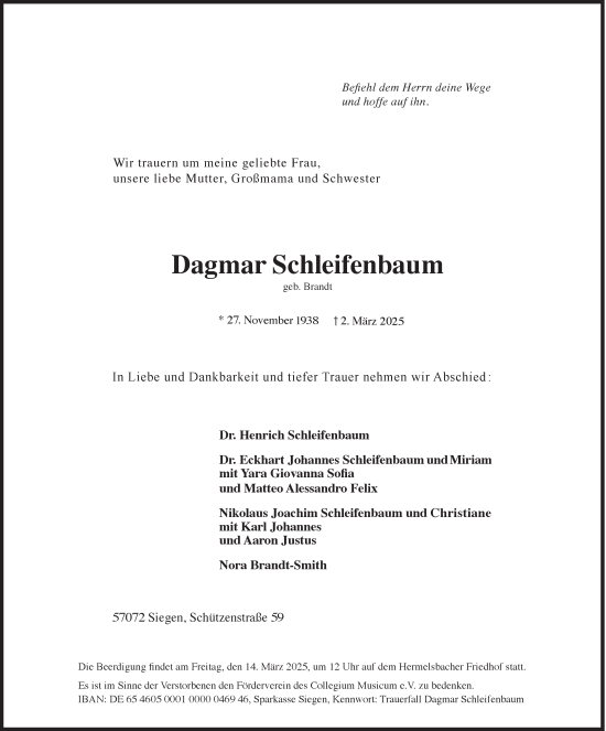 Traueranzeige von Dagmar Schleifenbaum von Siegener Zeitung