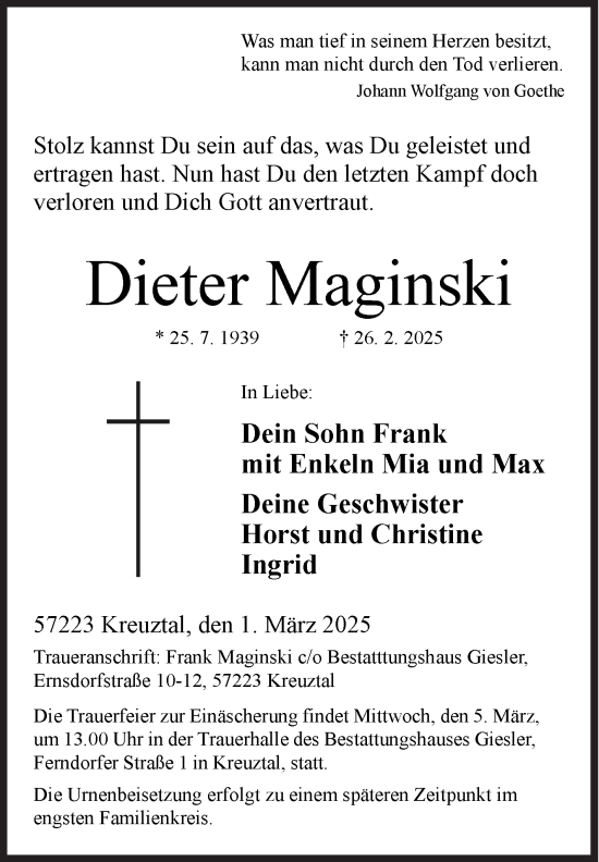 Traueranzeige von Dieter Maginski von Siegener Zeitung