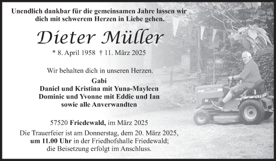 Traueranzeige von Dieter Müller von Siegener Zeitung