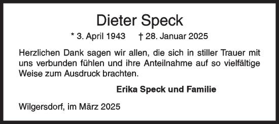 Traueranzeige von Dieter Speck von Siegener Zeitung
