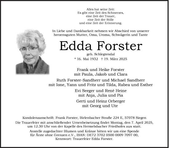 Traueranzeige von Edda Forster von Siegener Zeitung