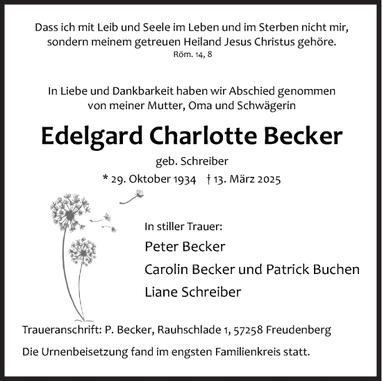 Traueranzeige von Edelgard Charlotte Becker von Siegener Zeitung