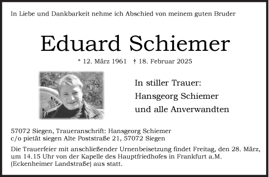 Traueranzeige von Eduard Schiemer von Siegener Zeitung