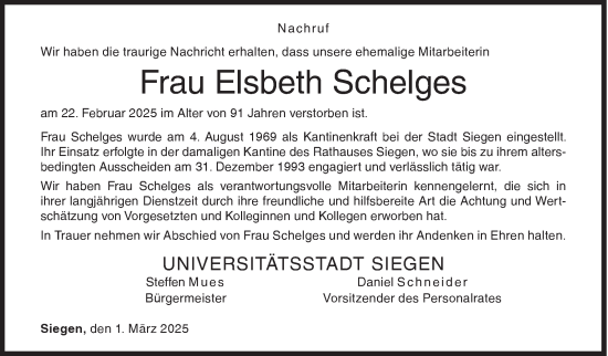 Traueranzeige von Elsbeth Schelges von Siegener Zeitung