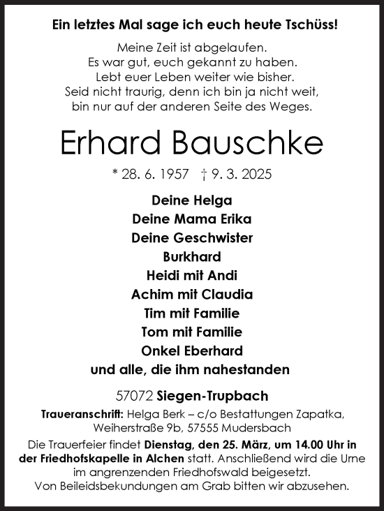 Traueranzeige von Erhard Bauschke von Siegener Zeitung