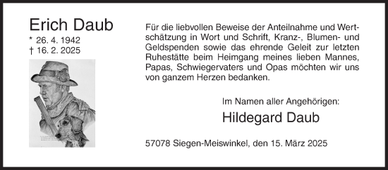 Traueranzeige von Erich Daub von Siegener Zeitung