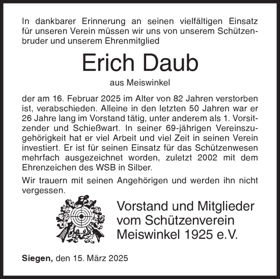 Traueranzeige von Erich Daub von Siegener Zeitung
