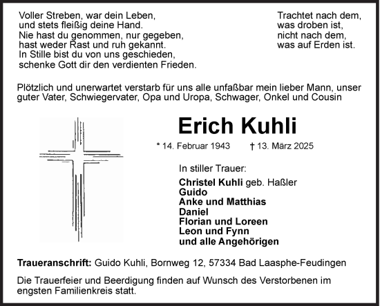 Traueranzeige von Erich Kuhli von Siegener Zeitung