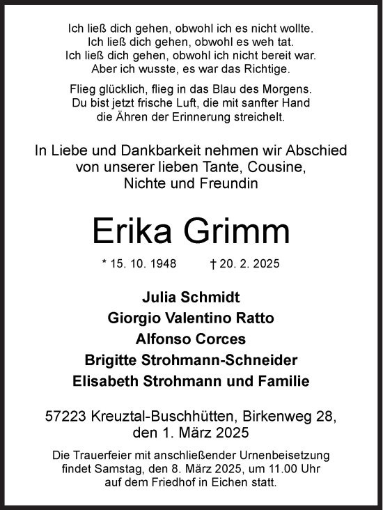 Traueranzeige von Erika Grimm von Siegener Zeitung