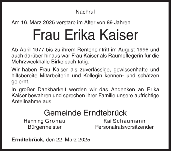 Traueranzeige von Erika Kaiser von Siegener Zeitung