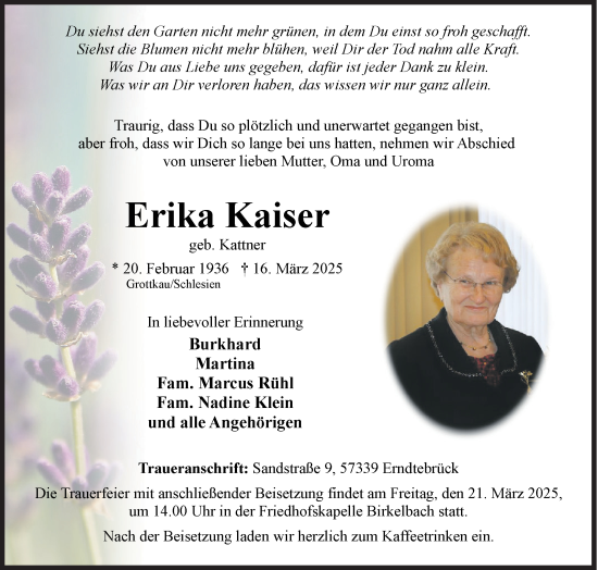 Traueranzeige von Erika Kaiser von Siegener Zeitung