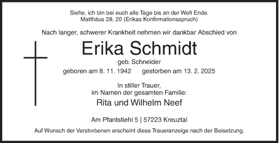 Traueranzeige von Erika Schmidt von Siegener Zeitung