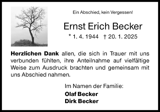 Traueranzeige von Ernst Erich Becker von Siegener Zeitung