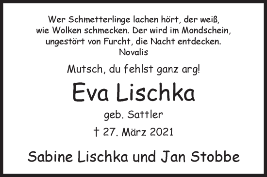 Traueranzeige von Eva Lischka von Siegener Zeitung